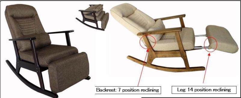European Stylish Beige Fabric Balcony Backrest Adjustable Leisure Wooden Rocking Recliner Armrest Chair