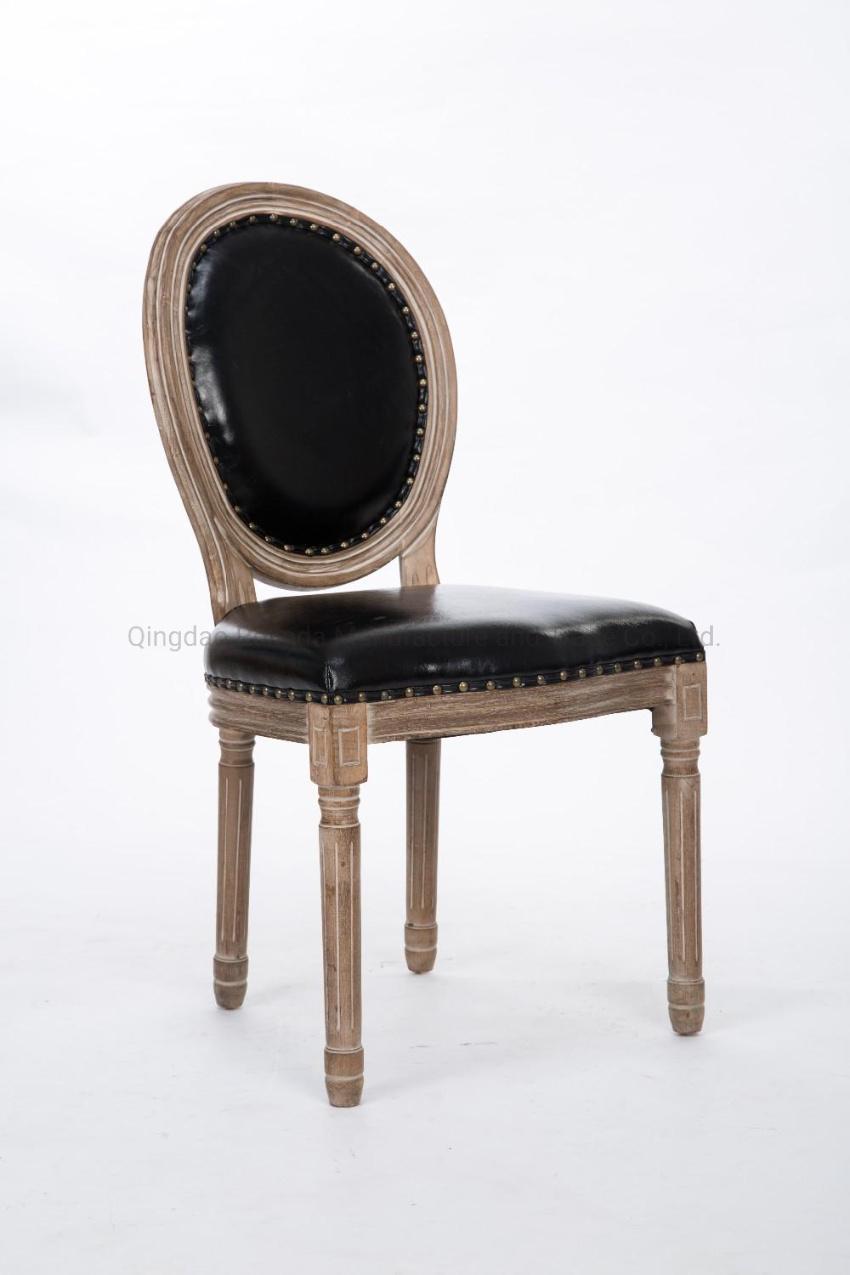 Low Price Restaurant Wood Furniture French Style Antique Table PU Leather Back Louis Xvi Dining Chair Wholesale