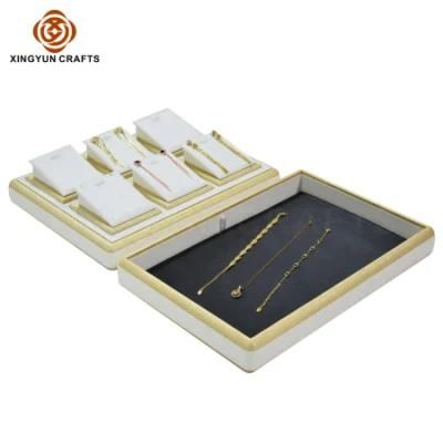 Classical Handmade Wooden Champagne Color PU Leather Jewelry Display Tray Wood Stand