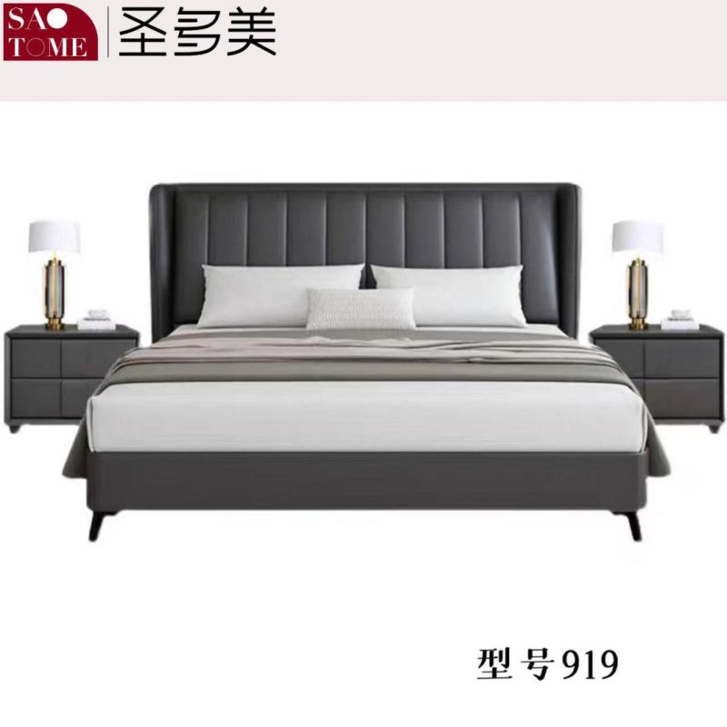 Double Bed in Dark Grey Leather with Wood Frame