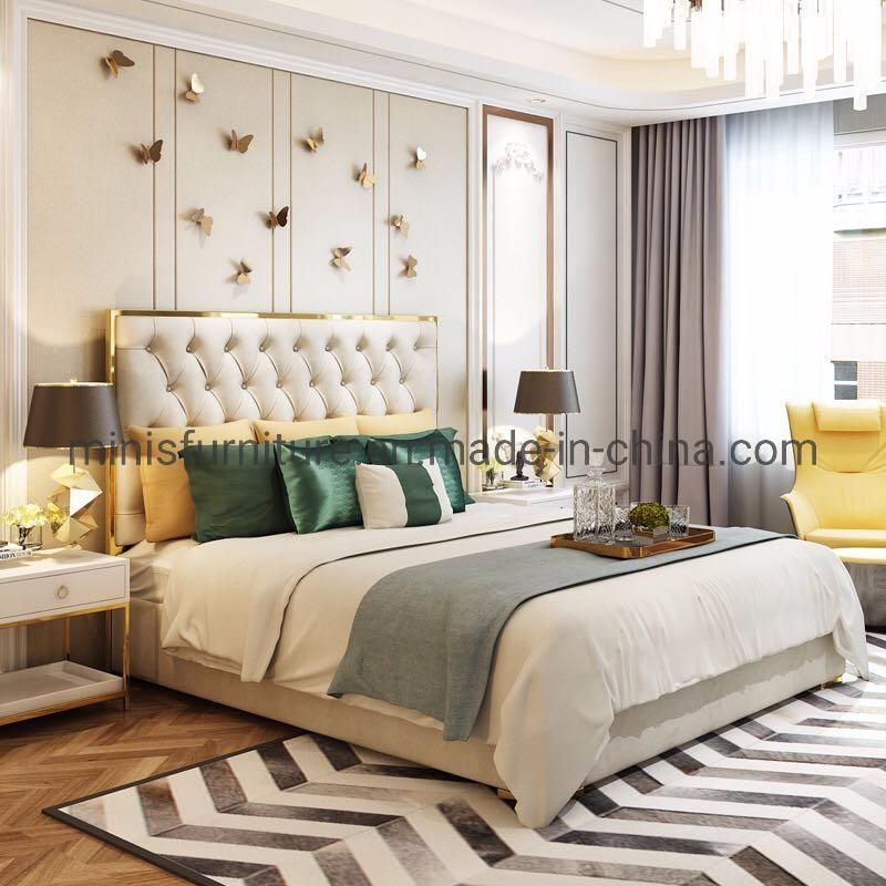 (MN-HB709) Hotel Home Bedroom Luxury High Back Gold Frame Leather Bed Furniture