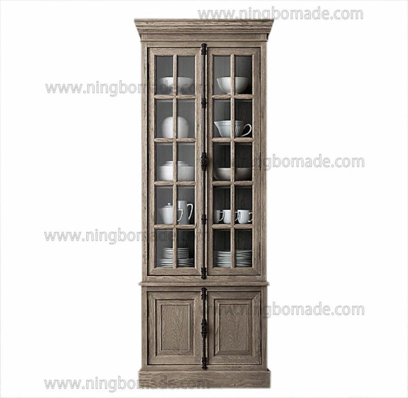 French Antique Vintage Furniture Aged Oak Collection Farm House 2 Glass Doors 2 Wood Doors Cupboard Cabinet