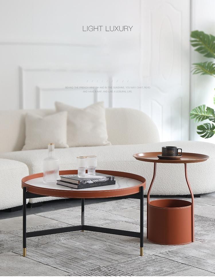 Leather Furniture Orange Marble Rock Plate Coffee Table Set