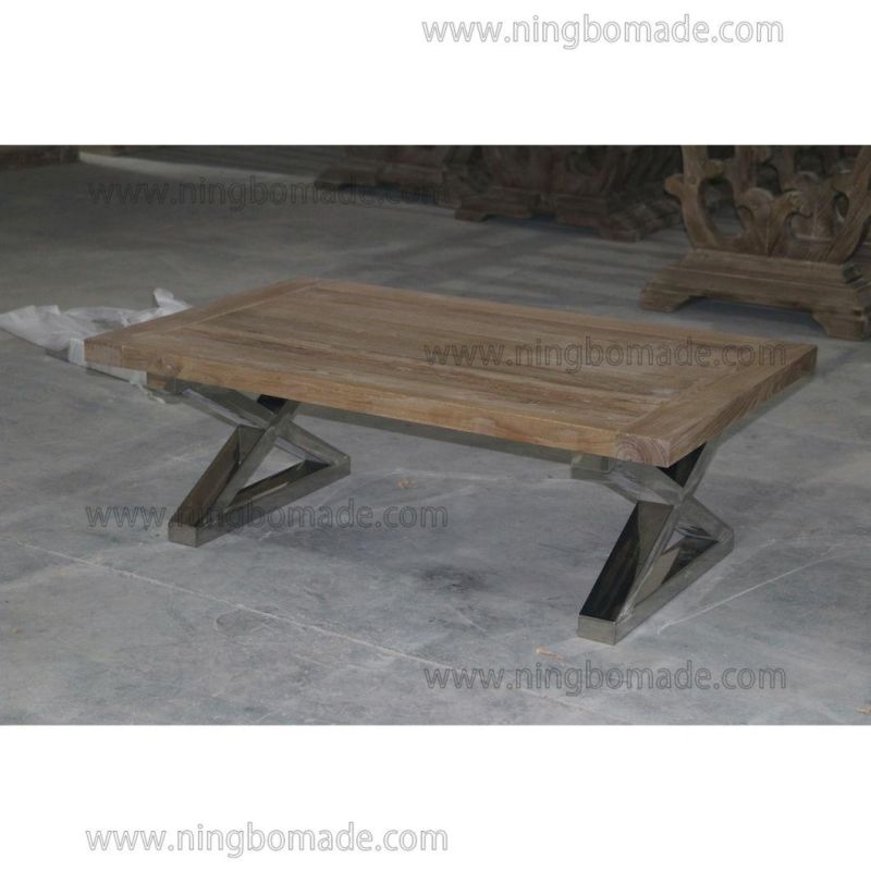 Classic Chic Eco-Friendly Paint Furniture Natural Reclaimed Elm Top Shining Stainless Steel Base Coffee Table