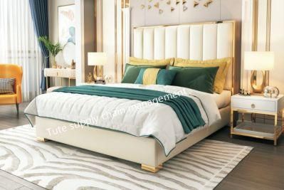 Leather Luxury Bed with Golden Plating Frame Headboard