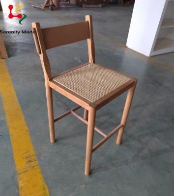 Vintage High-End Hotel Resort Restaurant Rattan Wood Frame PU Leather Backrest High Counter Stool Bar Chair