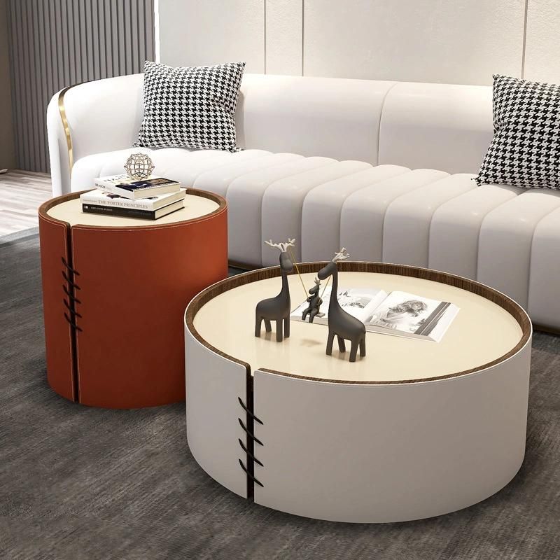 Home Furniture Leather Black Marble Rock Plate Coffee Table Set