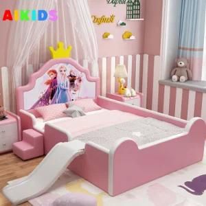 Children Boy Girl Princess Bed Bedroom Cartoon Aisha Real Wood Leather Bed with Guardrail Single Bed