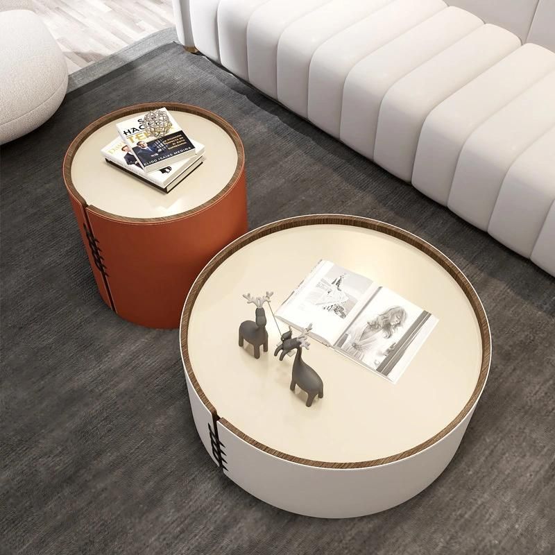 Home Furniture Orange Leather Marble Rockk Beam Coffee Table Set