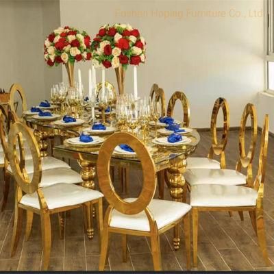 Rental Fancy Gold Modern Dining Table White Chairs Golden Royal Dining Room Furniture Ten Seat Chair Set Throne Moveable Cushion Wedding Chair
