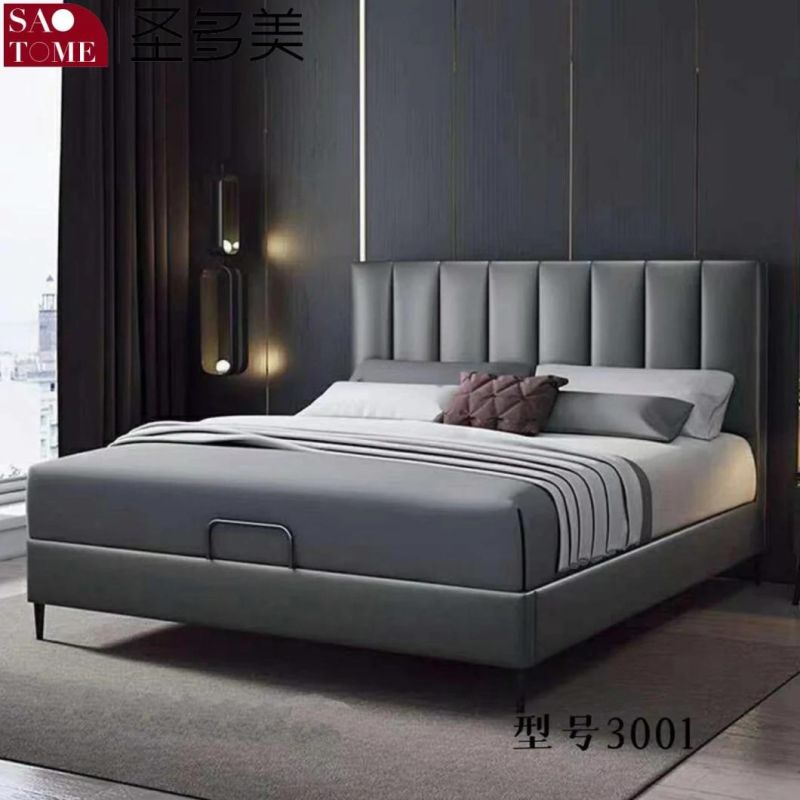 Modern Bedroom Furniture Kaqi Color Leather Solid Wood Frame Double Bed