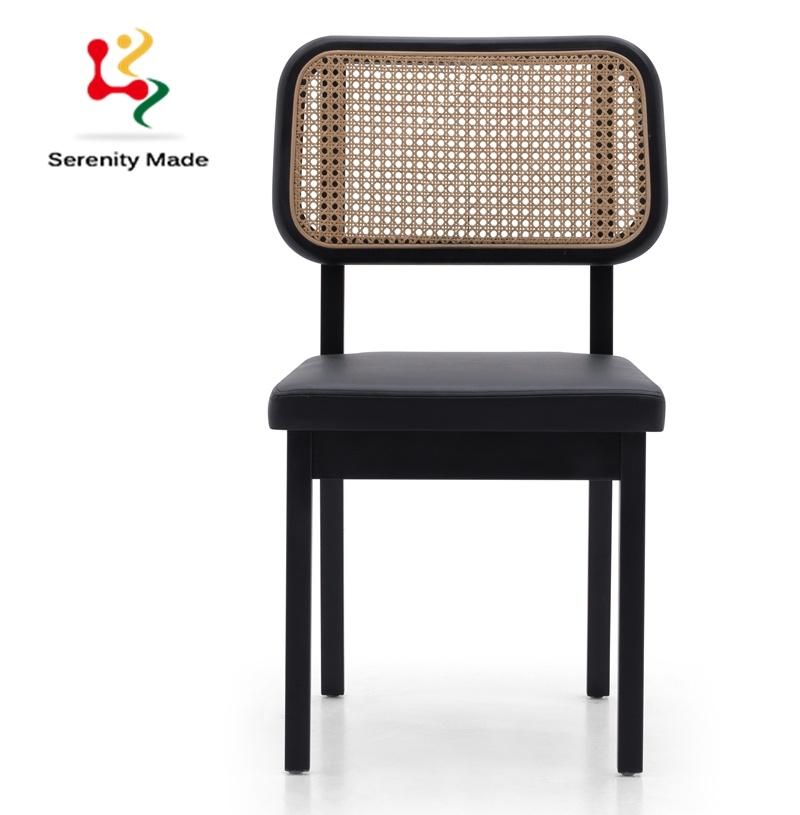 Modern Commerical Furniture Restaurtant Wooden Frame PU Leather Seat Rattan Back Dining Chair