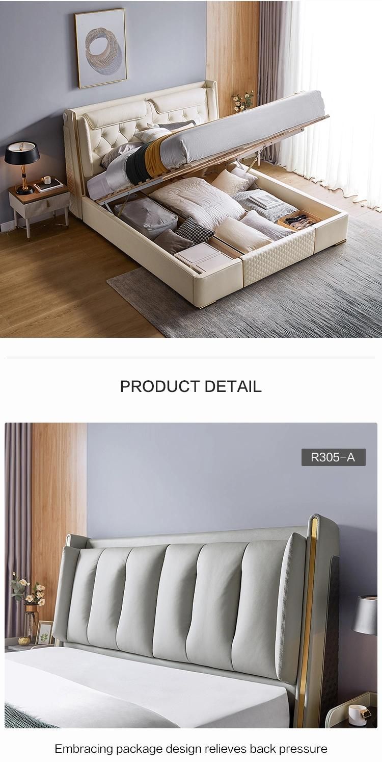 Linsy Factory European Wholesale Furniture Wooden Beds Upholstered Modern Leather Bed R305