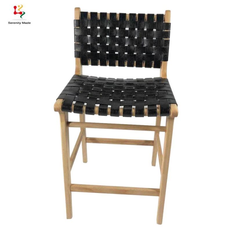 Vintage Country Style Cafe Furniture Black Micro Fiber Leather Strap Solid Ash Timber Frame Ash Wood Stool with Back