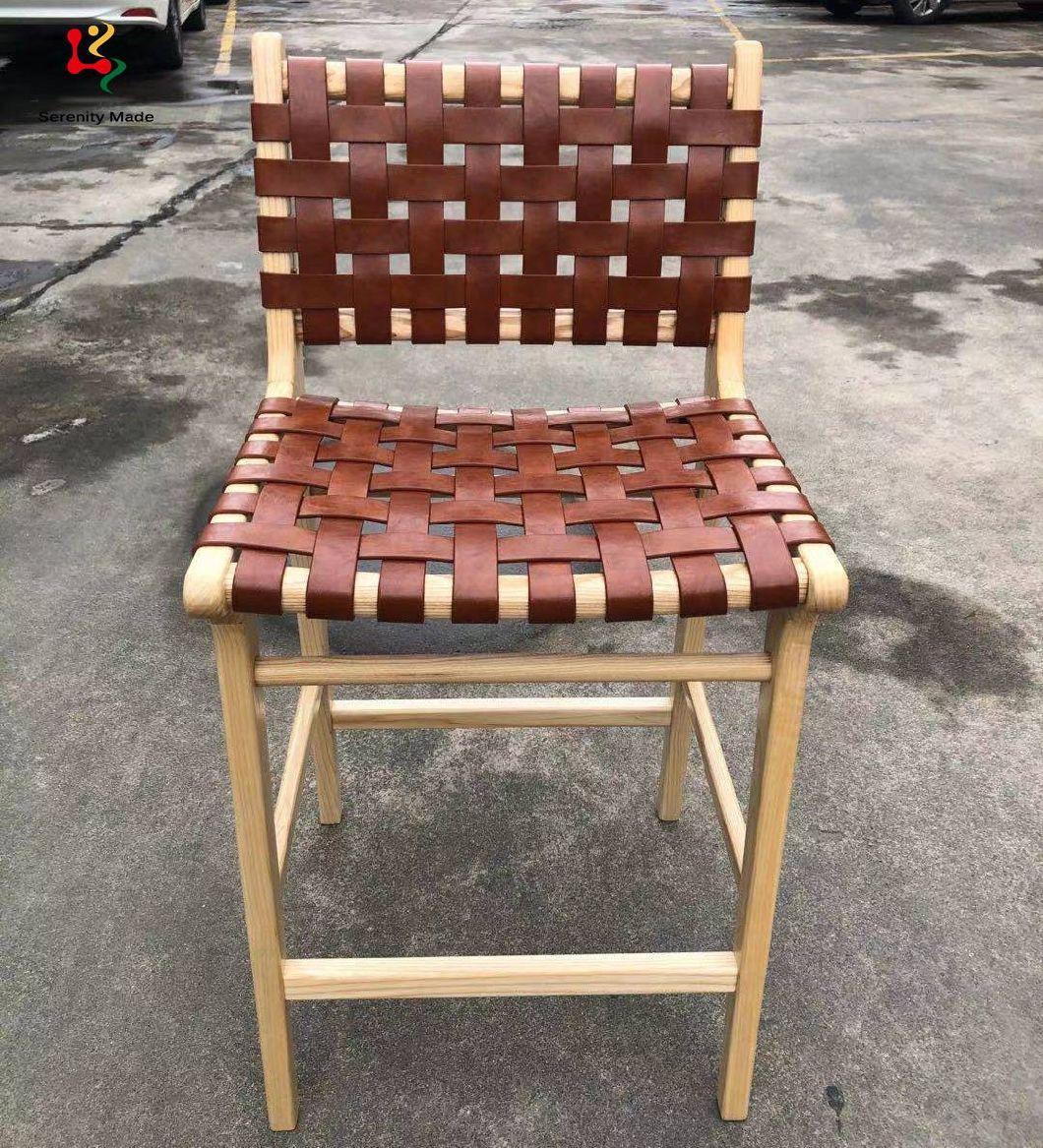 New Arrival Country Style Brown Micro Fiber Leather Strap Solid Ash Timber Frame Wood Stool with Back