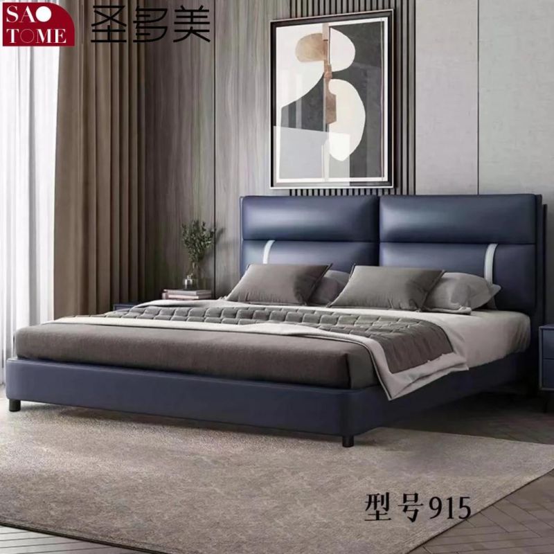 Modern Dark Blue Leather High Density Sponge Double Bed