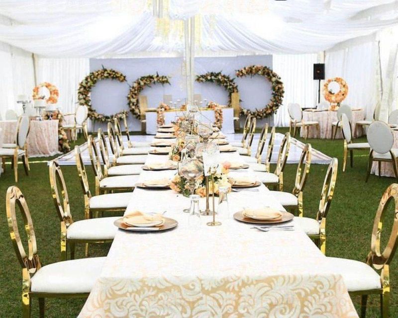 European Modern Party Event Rental 12-Seater Table Chairs Wedding Restaurant Furniture Stainless Steel Back Chair Leather Cushion Wedding Chair