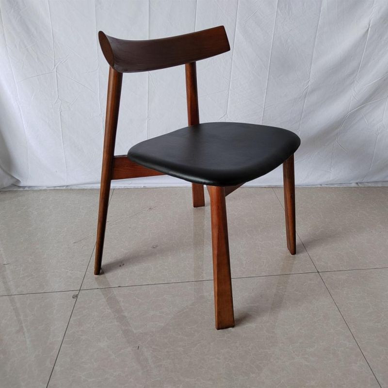 Retro Style Solid Wood Frame Dining Chair for Cafe Restaurant Black Leather Upholstered Chair