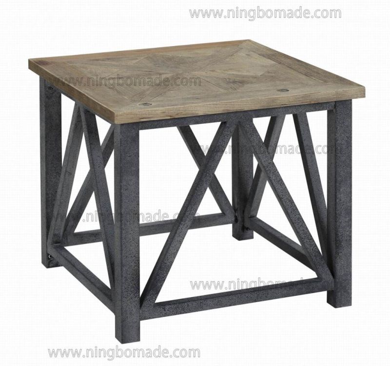 Antique Nordic Country Style Storage Pine Natural Reclaimed Elm with Grey Iron Metal Fixed Corner Coffee Table