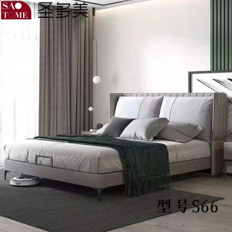 Wooden Frame Kachi Color with Houndstooth Leather Double Bed