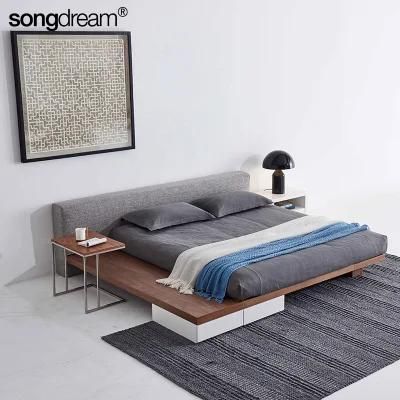 Household Home Bedroom Furniture Fabric Headboard Wooden Beds with Drawers