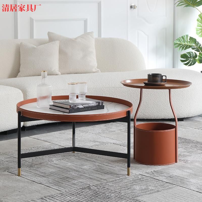 Leather Furniture Orange Marble Sintered Stone Coffee Table Set