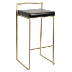 Gold Metal Black Leather Upholstered Counter Bar Stool with Low Back