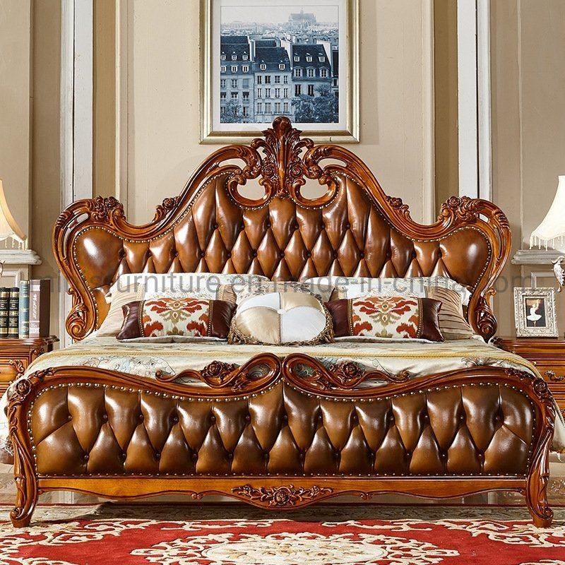 (M-CB78) Luxury Classic European Bedroom Bed Furniture Genuine Leather Wood Bed