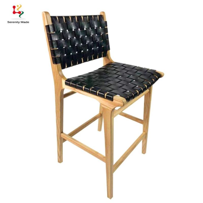 Vintage Country Style Cafe Furniture Black Micro Fiber Leather Strap Solid Ash Timber Frame Ash Wood Stool with Back