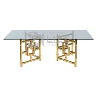 High Quality Gold Stainless Steel Legs Modern Luxury Upholster Home Furniture Dining Room Top Glass Table