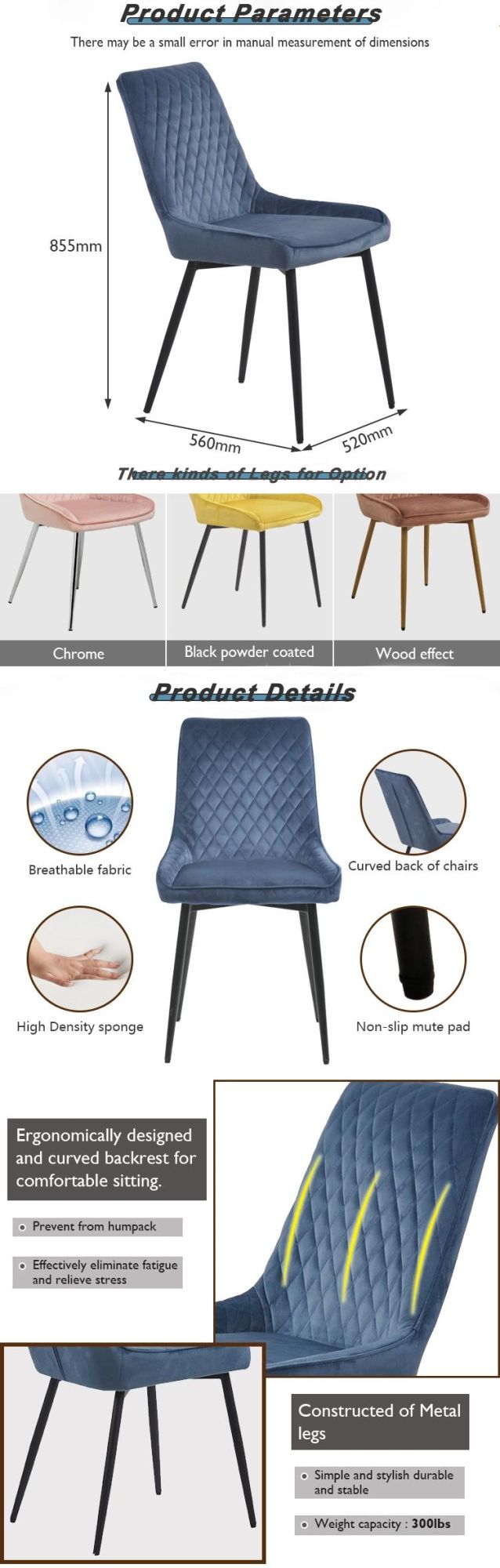 Home Furniture Modern Gray Velvet Fabric Dining Chair with Metal Legs for Living Room