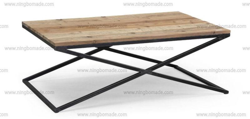 Antique Nordic Country Style Storage Natural Reclaimed Fir Wood with Grey White Iron Metal Crossed Coffee Table