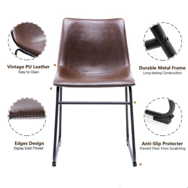 Industrial Chairs Mide Century Modern Style Brown Faux Leather Bucket Seat Black Metal Base Design Centiar Dining Chairs