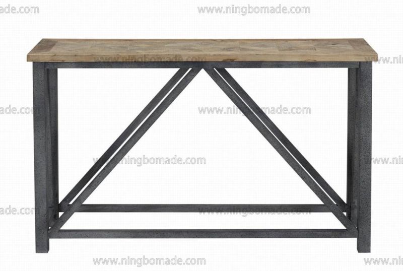 Antique Nordic Country Style Storage Pine Natural Reclaimed Elm with Grey Iron Metal Fixed Console Coffee Table