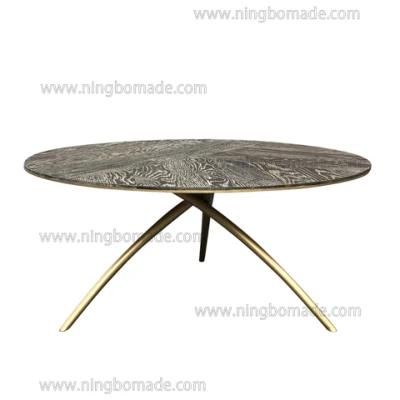 Nordic Retro Vintage Antique Furniture Weather Brown Oak and Shinning Brass Metal Coffee Table Tripod