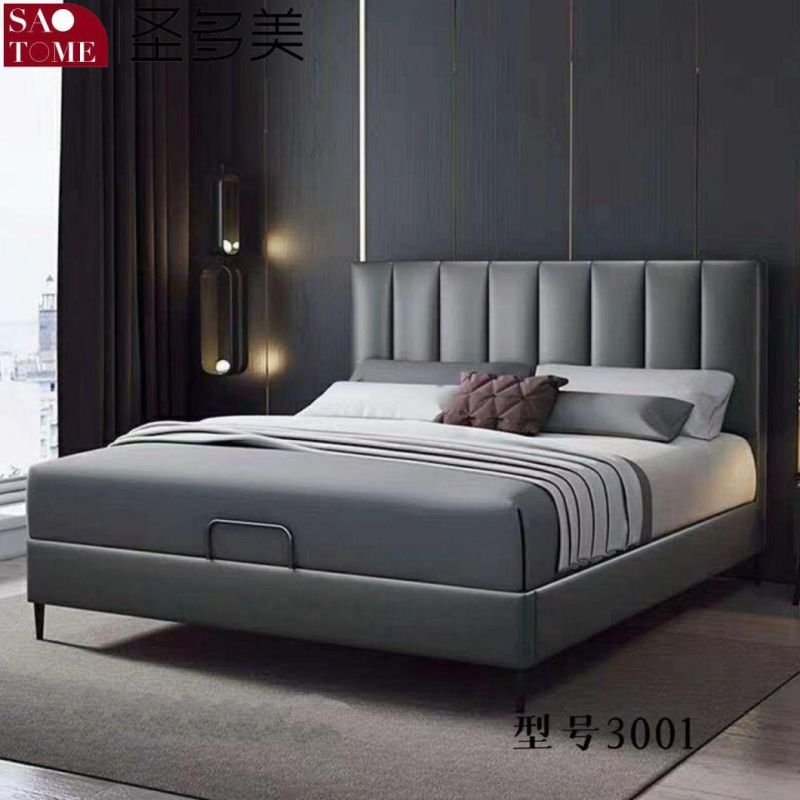 Modern Bedroom Furniture off-White with Dark Grey Leather and Solid Wood Frame Double Bed