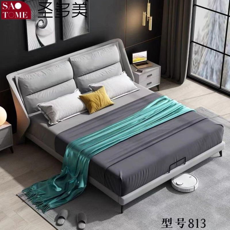 Bedroom Bed Set Furniture Dark Grey Tone Orange Leather Double Queen Bed