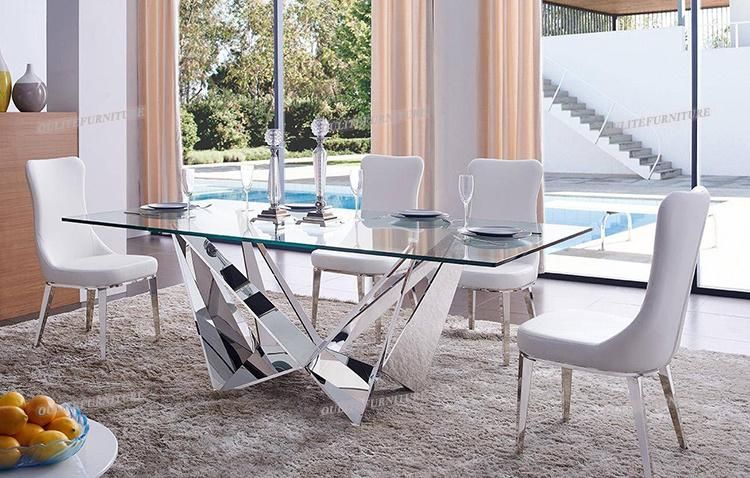 White Leather Silver Dining Chair with Glass Top Dining Table