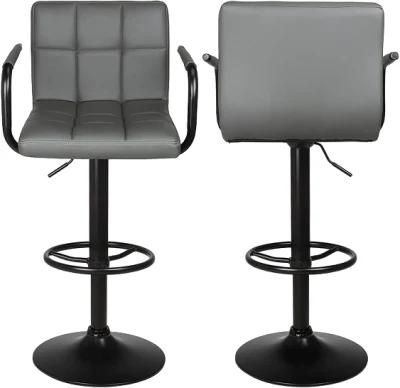Leather Bar Stools with Backs and Arms Black Matte Base, Round Foot Rest Dark Grey