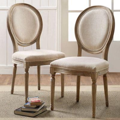 French Solid Wood Rattan Round Back Stackable Louis Chair with Linen Fabric