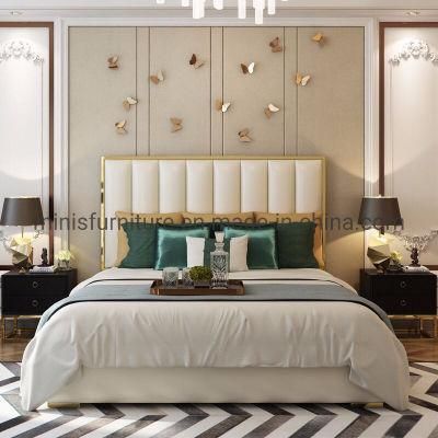 (MN-HB709) Hotel Home Bedroom Luxury High Back Gold Frame Leather Bed Furniture