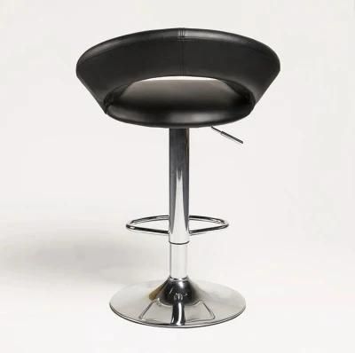Simple Round Seat Rotatable and Liftable Leather Chrome Bar Chair Black