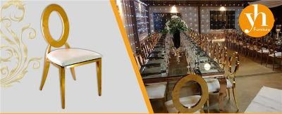 Luxury Banquet Furniture Golden Steel Frame Round Hole Back Wedding Bride Gold Metal Dining Chairs