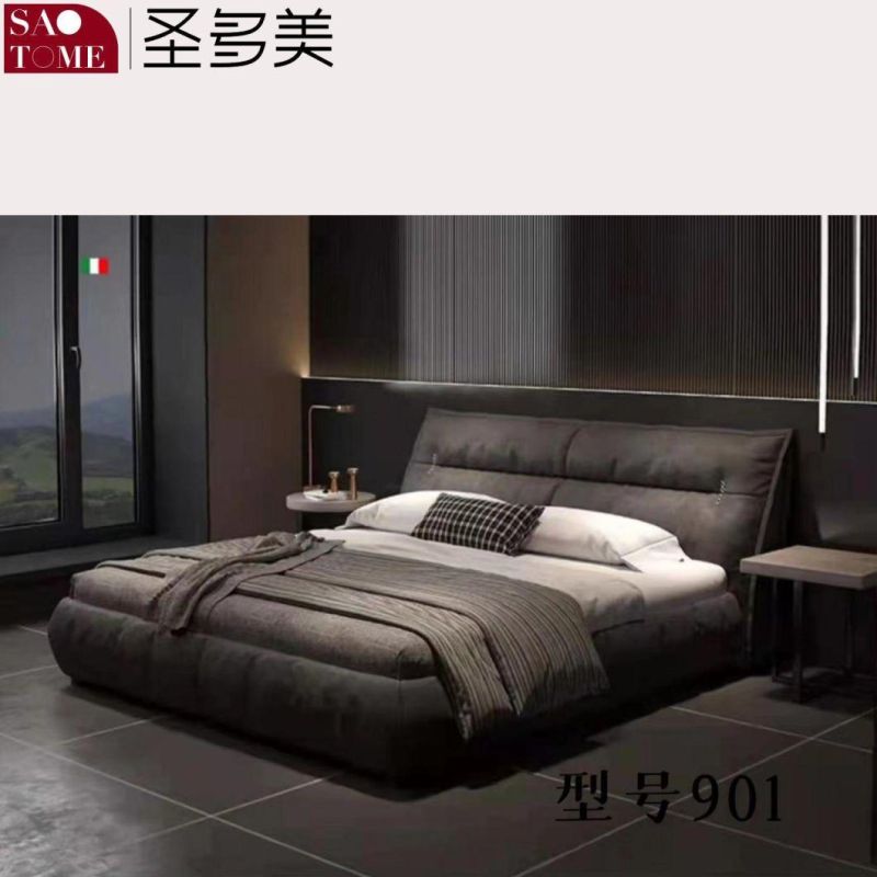 Modern Luxury Hotel Bedroom Furniture Light Grey Leather Double Bed 1.5m 1.8m