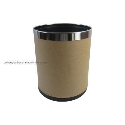 Double Layer Trash Can Round Shaped Luxury Metal Waste Bin 10L Brown PU Leather