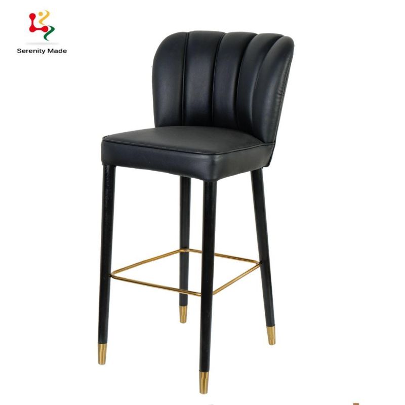 Simplicity European Style Black Leather Upholstery Bar Stool with Brass Footrest