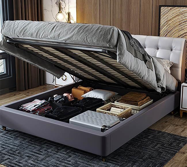 Chinese Wooden Leather King Size Bed Modern Living Room Furniture