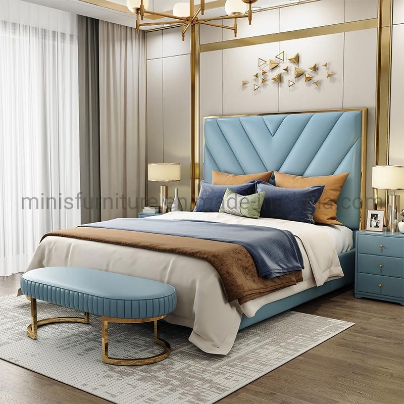 (MN-MB94) Chinese Bedroom Luxury Gold Frame Leather Bed with Bed Bench