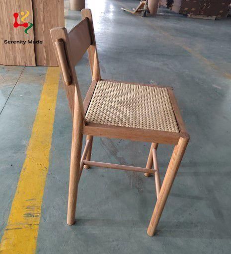 Vintage High-End Hotel Resort Restaurant Rattan Wood Frame PU Leather Backrest High Counter Stool Bar Chair