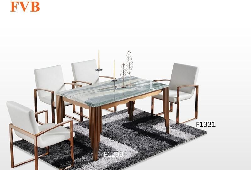 Luxurious Home Furniture Dining Set Marble Table with Rose Metal Frame 6 Chairs Leather